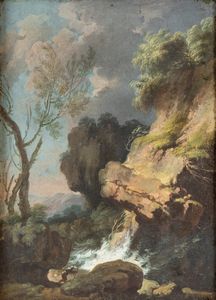 Alessio De Marchis, Attribuito a - Paesaggio roccioso con cascata e figura