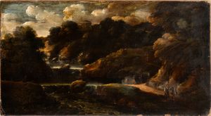 Gaspard Dughet, Ambito di - Paesaggio con fiume, cascatelle e figure