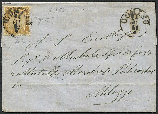 1862, Regno dItalia, Sicilia, sovracoperta di lettera da Comiso per Milazzo del 24 ottobre 1862  - Asta Filatelia - Associazione Nazionale - Case d'Asta italiane