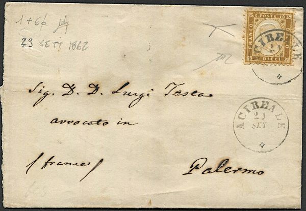 1862, Regno dItalia, Sicilia, sopracoperta da Acireale per Palermo del 29 settembre 1862  - Asta Filatelia - Associazione Nazionale - Case d'Asta italiane