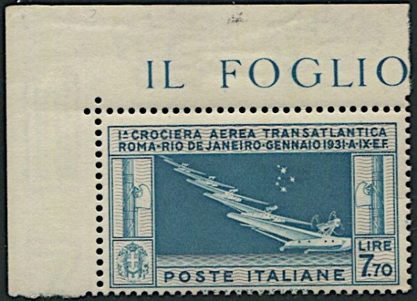 1930, Regno dItalia, Posta Aerea, lire 7,70 con gomma integra  - Asta Filatelia - Associazione Nazionale - Case d'Asta italiane