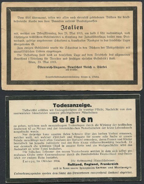 1915, Prima Guerra Mondiale, due cartoline di propaganda austro-tedesche listate a lutto, contro il Belgio e contro l'Italia  - Asta Filatelia - Associazione Nazionale - Case d'Asta italiane