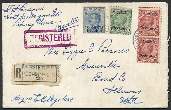 1922, Uffici Postali in Cina, Pechino, raccomandata da Pechino per Greenville, Illinois  - Asta Filatelia - Associazione Nazionale - Case d'Asta italiane