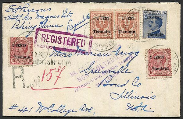 1922, Uffici Postali in Cina, Tientsin, raccomandata da Tientsin per Greenville, Illinois  - Asta Filatelia - Associazione Nazionale - Case d'Asta italiane