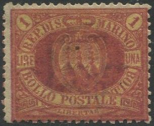 1892, San Marino, 1 lira carminio su giallo  - Asta Filatelia - Associazione Nazionale - Case d'Asta italiane