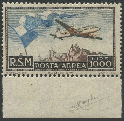 1951, San Marino, P. Aerea, Bandierone (S. 99)  - Asta Filatelia - Associazione Nazionale - Case d'Asta italiane