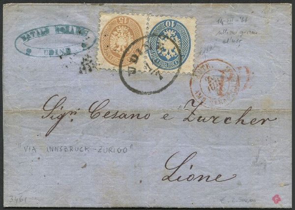 1866, Terza guerra d'Indipendenza, lettera da Udine per Lione del 14 luglio 1866  - Asta Filatelia - Associazione Nazionale - Case d'Asta italiane