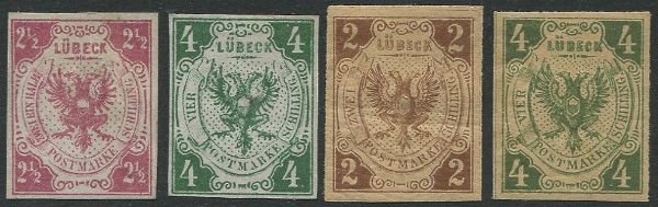 1872, Lubeck, Coat of Arms, set of 5 reprinted on paper unwatermarked  - Asta Filatelia - Associazione Nazionale - Case d'Asta italiane