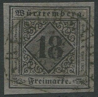 1851, Wurttmberg, 18k violetto-grigio usato  - Asta Filatelia - Associazione Nazionale - Case d'Asta italiane