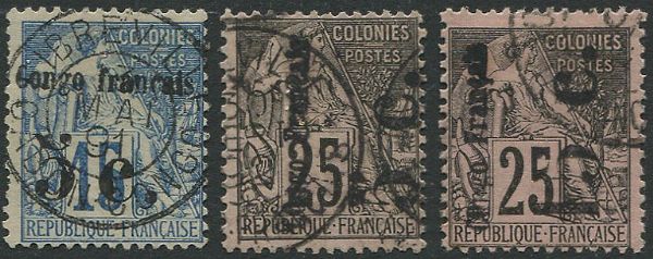 1891/92, Congo, 3 used values ovpt.  - Asta Filatelia - Associazione Nazionale - Case d'Asta italiane