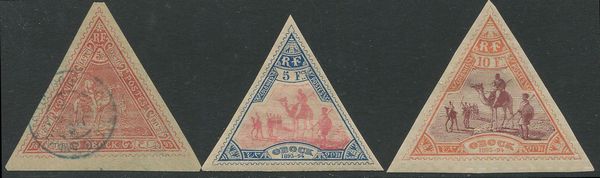 1893/94, Obock, Quadrille lines printed on paper, triangular stamps 2fr. and 5fr. used (Yv. 45/46);  - Asta Filatelia - Associazione Nazionale - Case d'Asta italiane