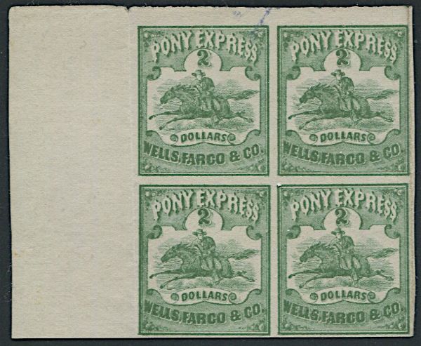 1861, U.S.A., Pony express, $ 2.00 green (Scott 143L4) block of four  - Asta Filatelia - Associazione Nazionale - Case d'Asta italiane