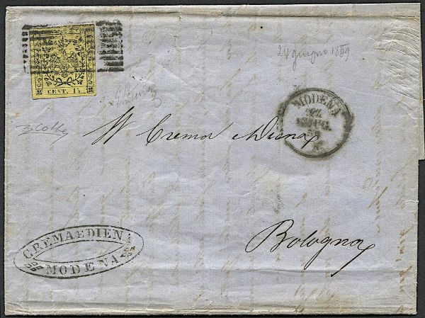 1859, Modena, Governo Provvisorio, annulli risorgimentali, lettera da Modena per Bologna del 22 giugno 1859  - Asta Filatelia - Associazione Nazionale - Case d'Asta italiane