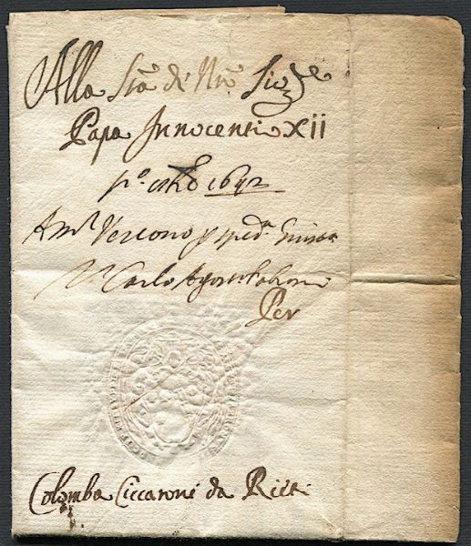 1692, Stato Pontificio, lettera da Rieti indirizzata a Papa Innocenzo XII (1615/1700)  - Asta Filatelia - Associazione Nazionale - Case d'Asta italiane