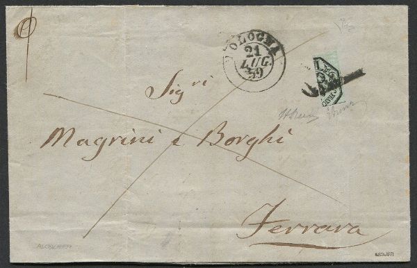 1859, Romagne, Governo Provvisorio, lettera da Bologna per Ferrara del 21 luglio 1859  - Asta Filatelia - Associazione Nazionale - Case d'Asta italiane