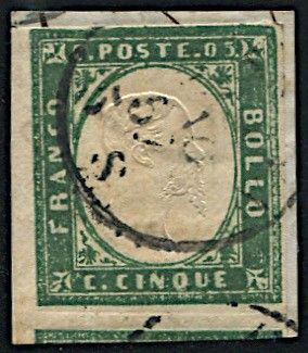 1857, Sardegna, 5 cent. verde scuro (S. 13 Ac)  - Asta Filatelia - Associazione Nazionale - Case d'Asta italiane