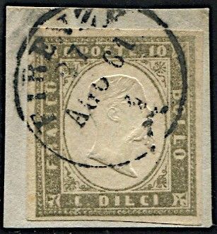 1861, Sardegna, 10c, oliva grigio verdastro carico (S. 14 Cba)  - Asta Filatelia - Associazione Nazionale - Case d'Asta italiane