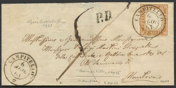 1863, Sardegna, lettera da Campitello per Mantova del 6 agosto 1863  - Asta Filatelia - Associazione Nazionale - Case d'Asta italiane