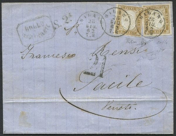 1862, Sardegna, lettera da Milano per Sacile (Pordenone) del 28 giugno 1862  - Asta Filatelia - Associazione Nazionale - Case d'Asta italiane