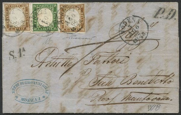 1862, Sardegna, lettera da Modena per San Benedetto del 3 agosto 1862,  - Asta Filatelia - Associazione Nazionale - Case d'Asta italiane