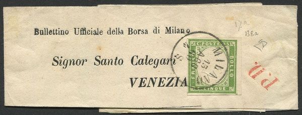 1860, Sardegna, fascetta per giornali da Milano per Venezia del 13 agosto 1860  - Asta Filatelia - Associazione Nazionale - Case d'Asta italiane