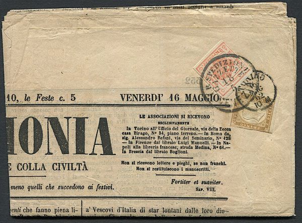 1862, Sardegna, giornale LArmonia del 16 maggio 1862 per Venezia  - Asta Filatelia - Associazione Nazionale - Case d'Asta italiane