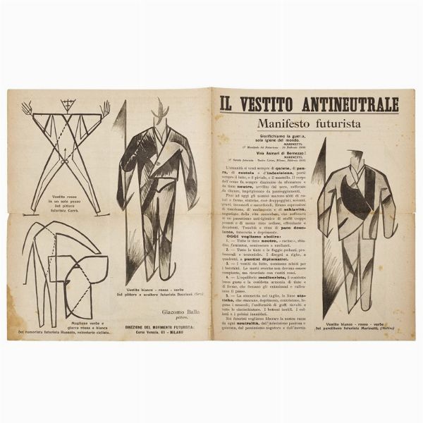 BALLA, Giacomo.   Il vestito antineutrale. Manifesto futurista  . Milano, Direzione del Movimento Futurista (Tip. A. Taveggia), (1914, 11 settembre).  - Asta LIBRI, MANOSCRITTI E AUTOGRAFI - Associazione Nazionale - Case d'Asta italiane