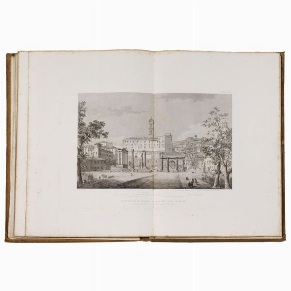 (Roma - Illustrati 800)   CANINA, Luigi.   Esposizione storica e topografica del Foro Romano e sue adiacenze. Edizione seconda ampliata e corredata di 14 tavole.   Roma, tipi del Canina, 1845.   2 volumi di cui uno di testo in 4to uno di tavole calcografiche in folio, legatura in tela rossa molto sciupata, fioriture, tavole sciolte dalla legatura, non collazionati. [CON:]   [CANINA, Luigi]     Via Appia dalla Porta Capena a Boville. Descrizione  .   (Roma, 1853). 2 volumi di cui uno in folio con 50 tavole e uno in 4to di 271 pp. e tre tavole incise di cui 2 ripiegate, in mezza pergamena moderna con tassello al dorso. Assente il frontespizio e altri difetti.  - Asta LIBRI, MANOSCRITTI E AUTOGRAFI - Associazione Nazionale - Case d'Asta italiane