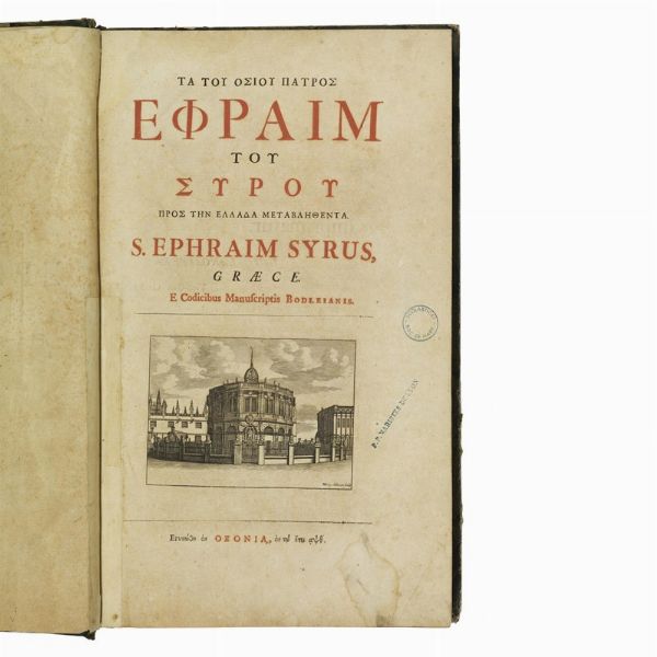 Ephraem Syrus - ASSEMANI, Giuseppe Simoni.   Opera omnia quae exstant Graece, Syriace, Latine, in sex tomos distributa ad mss. codices Vaticanos aliosque castigata, multis aucta.   Romae. ex typographia Vaticana apud Joannem Mariam Henricum Salvioni, 1732-1746.  - Asta LIBRI, MANOSCRITTI E AUTOGRAFI - Associazione Nazionale - Case d'Asta italiane