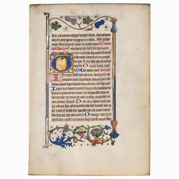 Foglio miniato   (189 x 133 mm) da piccolo libro d’ore fiammingo, fine del XV secolo, bella decorazione floreale policroma in alto e in basso, dettagli in oro e argento, iniziale miniata in blu e oro di 2 per 2,5 centimetri, altre letterine in rosso o blu, lettera gotica.  - Asta LIBRI, MANOSCRITTI E AUTOGRAFI - Associazione Nazionale - Case d'Asta italiane