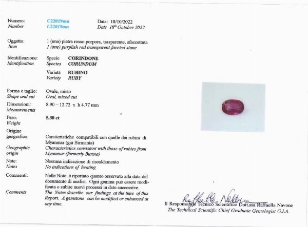 Anello con rubino Burma di ct 5.30, nessuna indicazione di trattamento termico  - Asta Fine Jewels - Associazione Nazionale - Case d'Asta italiane