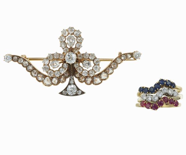 Spilla e anelli con diamanti di vecchio taglio, rubini e zaffiri  - Asta Fine Jewels - Associazione Nazionale - Case d'Asta italiane