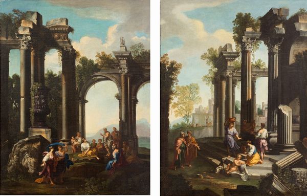 attribuito ad Andrea  Locatelli (Roma 1695-1741) : Architetture con ruderi e figure  - Asta Antiquariato, Dipinti antichi e del XIX secolo - Associazione Nazionale - Case d'Asta italiane