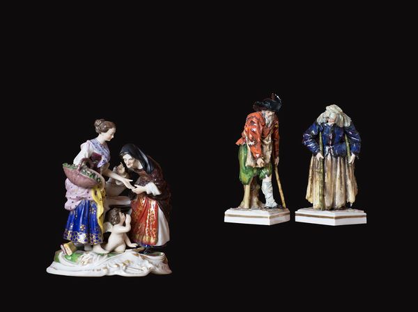 Meissen, XIX secolo : Lotto unico di un gruppo plastico e due figurine in porcellana policroma  - Asta Antiquariato, Dipinti antichi e del XIX secolo - Associazione Nazionale - Case d'Asta italiane