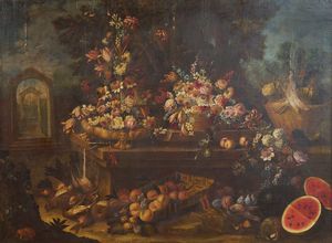 Giacomo Nani (Porto Ercole, 1698 – Napoli, 1755) - Trionfo di fiori e frutta con animali da cacciagione entro ricco giardino