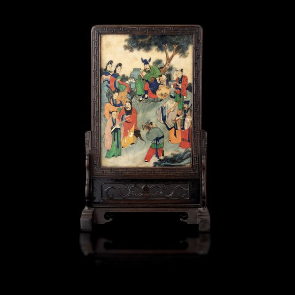 Paravento da tavolo con pietra dipinta fronte e retro a decoro con personaggi e scene di vita comune, Cina, Dinastia Qing, epoca Daoguang (1821-1850)  - Asta Fine Chinese Works of Art - Associazione Nazionale - Case d'Asta italiane