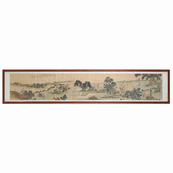 Scroll su carta con scene di vita comune entro paesaggio, Cina, XX secolo  - Asta Fine Chinese Works of Art - Associazione Nazionale - Case d'Asta italiane