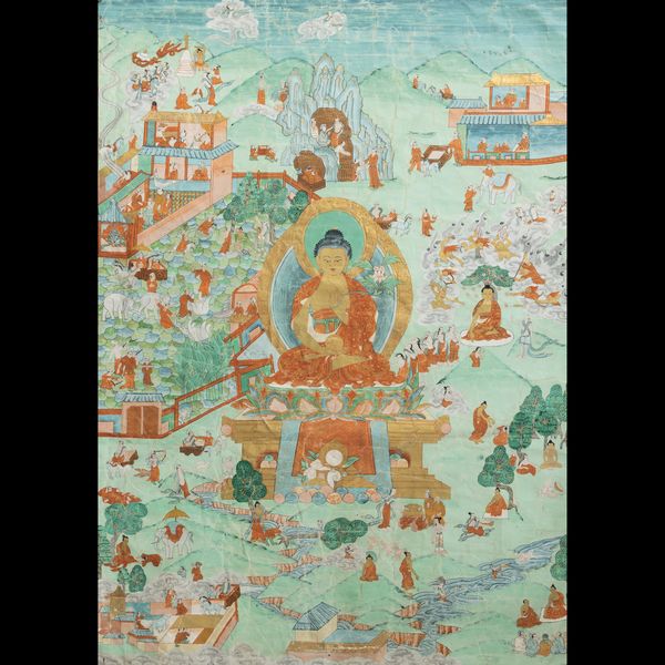 Thangka su seta raffigurante Buddha Shakyamuni e paesaggi con scene di vita comune, Cina, XVIII secolo  - Asta Fine Chinese Works of Art - Associazione Nazionale - Case d'Asta italiane