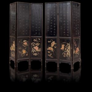 Grande paravento a sei ante in legno laccato coromandel con scene di vita comune e decoro floreale, sul retro grandi iscrizioni, Cina, Dinastia Qing, XIX secolo  - Asta Fine Chinese Works of Art - Associazione Nazionale - Case d'Asta italiane