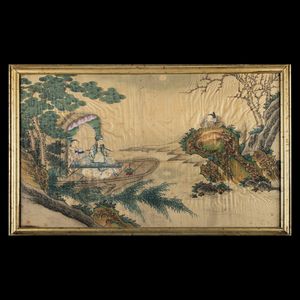 Coppia di dipinti su seta a decoro paesaggistico con scene di vita comune, Cina, Dinastia Qing, epoca Qianlong (1736-1796)<BR>  - Asta Fine Chinese Works of Art - Associazione Nazionale - Case d'Asta italiane