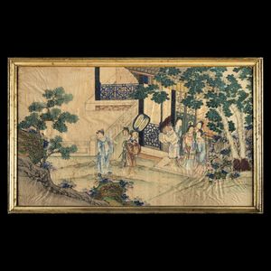 Coppia di dipinti su seta a decoro paesaggistico con scene di vita comune, Cina, Dinastia Qing, epoca Qianlong (1736-1796)<BR>  - Asta Fine Chinese Works of Art - Associazione Nazionale - Case d'Asta italiane