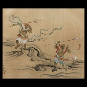 Quattro dipinti su seta con iscrizione, firmato 丁云鹏, Cina, Dinastia Qing, XIX secolo  - Asta Fine Chinese Works of Art - Associazione Nazionale - Case d'Asta italiane