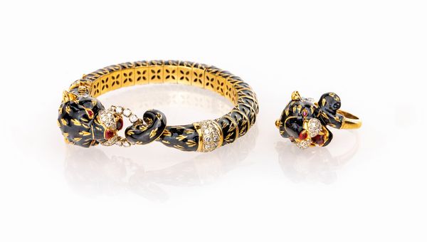 Frascarolo, parure anello e bracciale pantera nera in oro e brillanti  - Asta Asta Gioielli e Orologi - Associazione Nazionale - Case d'Asta italiane