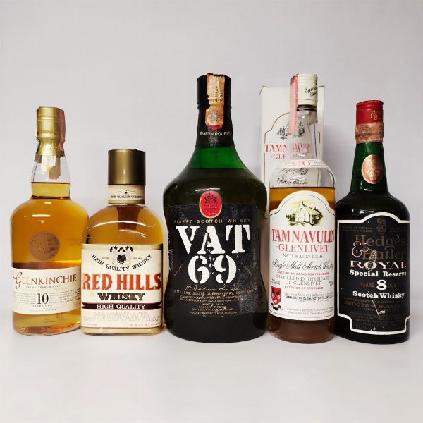 Glenkinchie, Red Hills, Vat69,Tamnavulin, Hedges Butler, Scotch Whisky  - Asta Wine and Spirits - Associazione Nazionale - Case d'Asta italiane