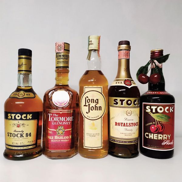 Royalstok Brandy, Cherry Stock, Long John, Tormore Glenlivet, Scotch Whisky  - Asta Wine and Spirits - Associazione Nazionale - Case d'Asta italiane