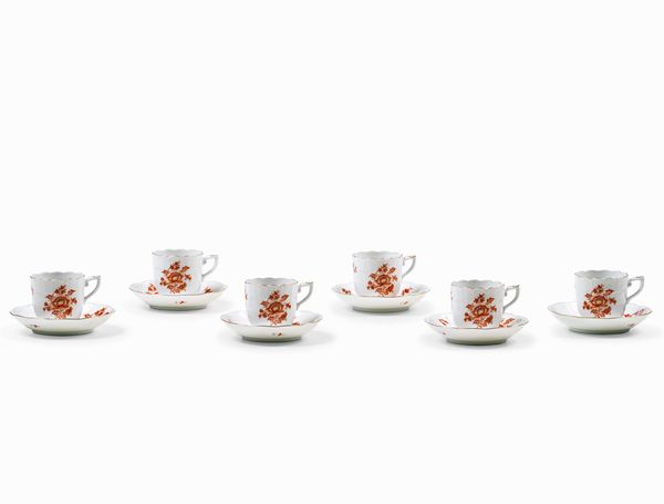 Sei tazze da caffè con piattino “Nanjing Bouquet Rust”<BR>Ungheria, Manifattura Herend, seconda metà del XX secolo<BR>  - Asta L'Art de la Table - Associazione Nazionale - Case d'Asta italiane