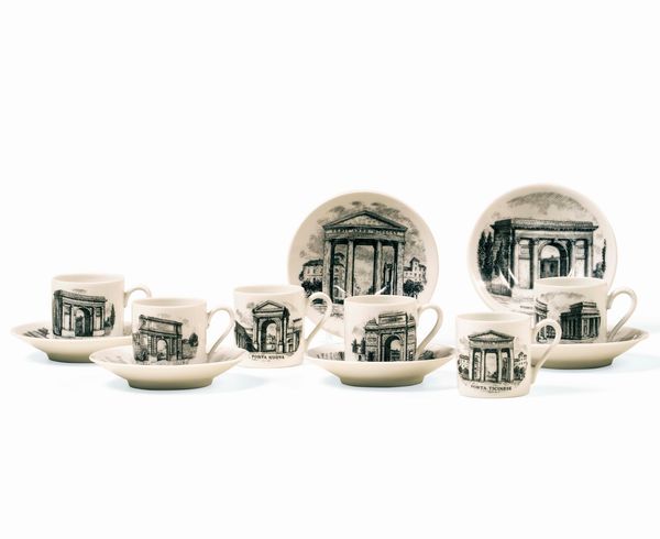 Sei tazze da caffè<BR>Milano, 1950 circa<BR>Design di Piero Fornasetti (1913-1988)<BR>  - Asta L'Art de la Table - Associazione Nazionale - Case d'Asta italiane