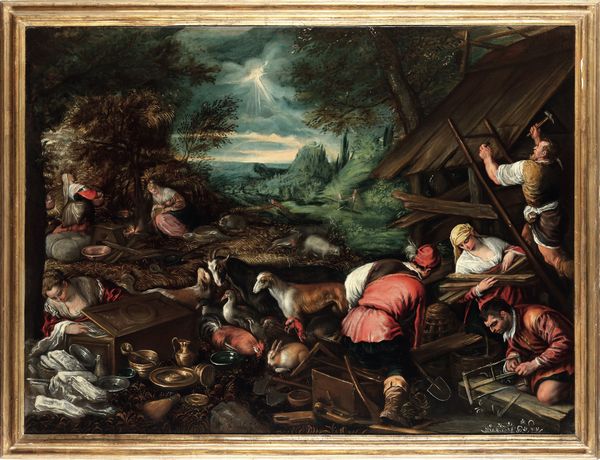 Leandro Da Ponte detto Leandro Bassano : La costruzione dell'arca di No<BR>Il sacrificio di No  - Asta Old Masters - Associazione Nazionale - Case d'Asta italiane