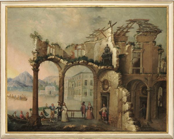 Antonio Travi detto il Sestri, Attribuito a : Paesaggio con palazzo nobiliare in rovina e imbarcazioni  - Asta Old Masters - Associazione Nazionale - Case d'Asta italiane