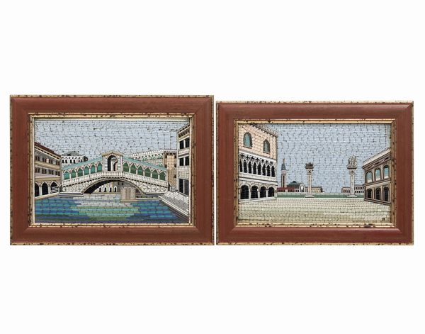 Coppia di micromosaici raffiguranti il Ponte di Rialto e Piazza San Marco a Venezia. XIX-XX secolo  - Asta Dimore Italiane - Associazione Nazionale - Case d'Asta italiane